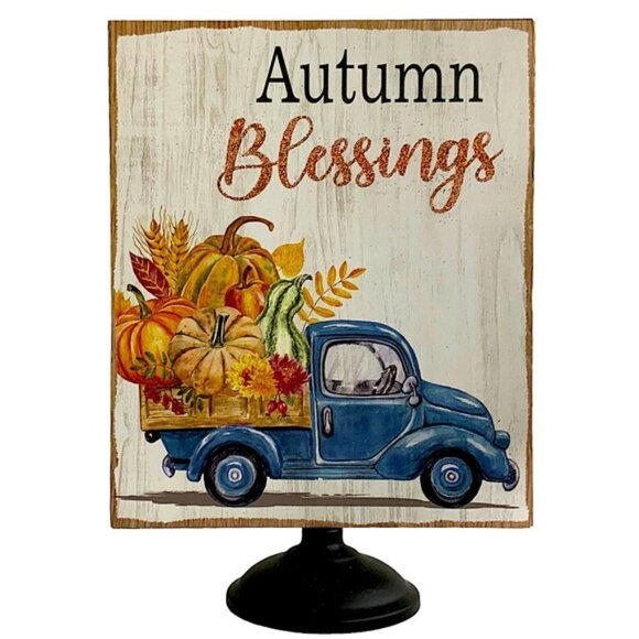 Pedestal Autumn Blessing Table Counter Decor Vintage Pumpkin Truck - Picture 1 of 1